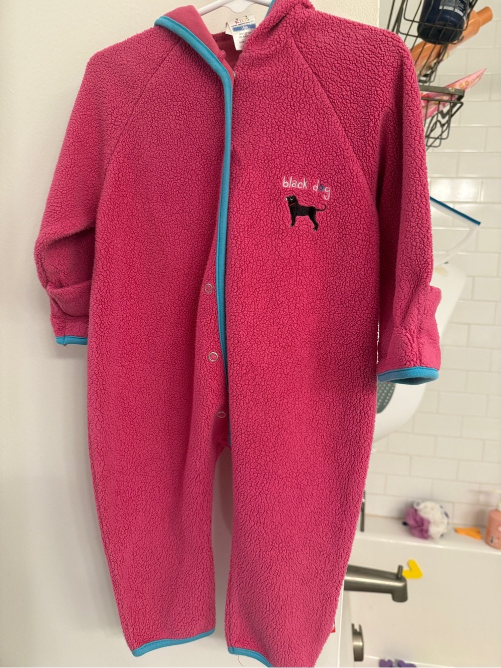 The Black Dog Pink Fleece Hooded One-Piece with Blue Trim